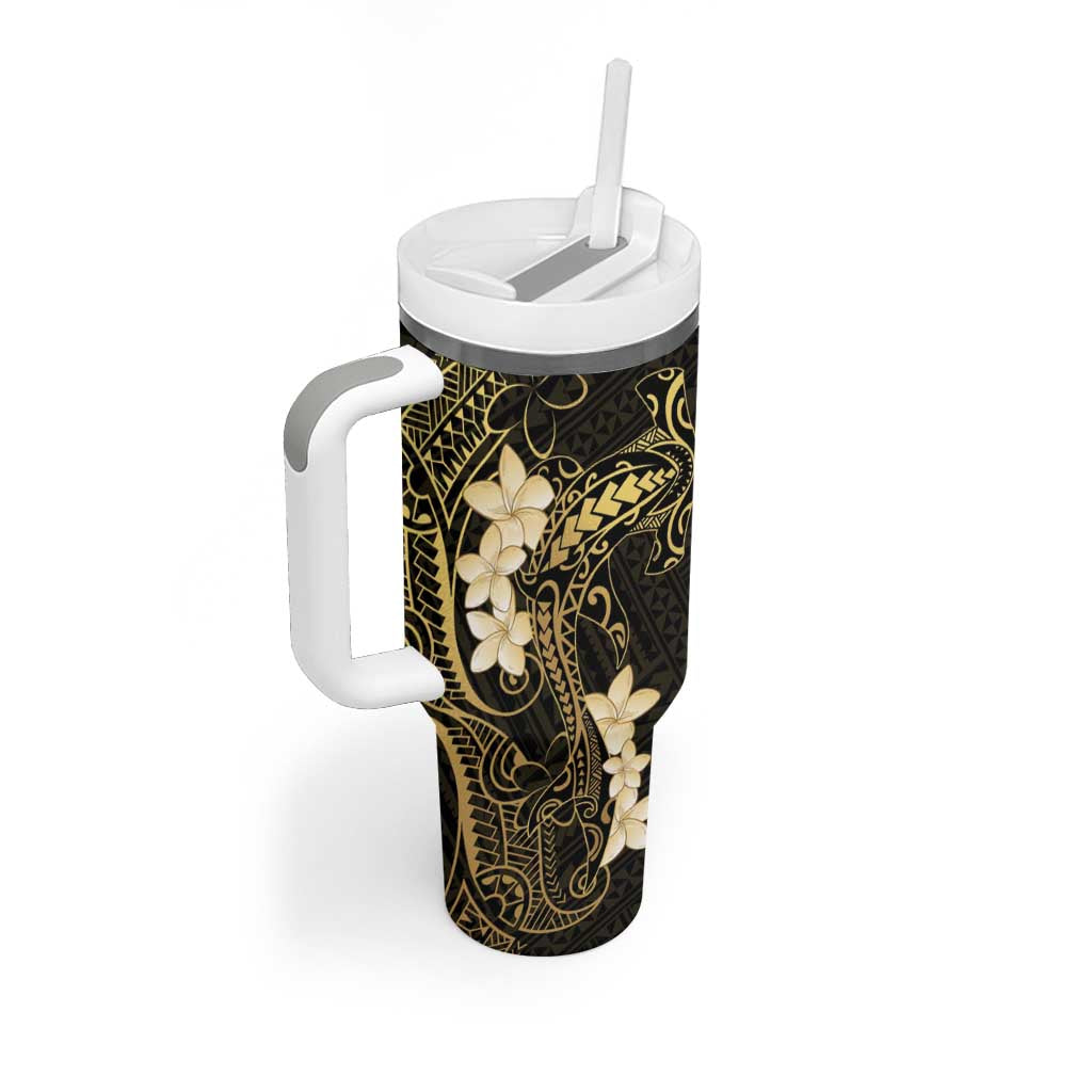Black and Gold Hawaii Tumbler With Handle Hammerhead Shark Tattoo Curve Polynesian - Polynesian Pride