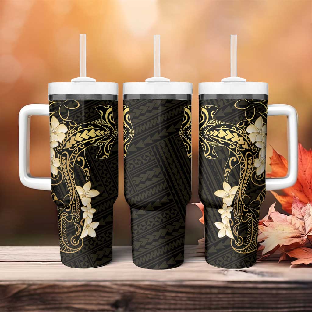 Black and Gold Hawaii Tumbler With Handle Hammerhead Shark Tattoo Curve Polynesian - Polynesian Pride