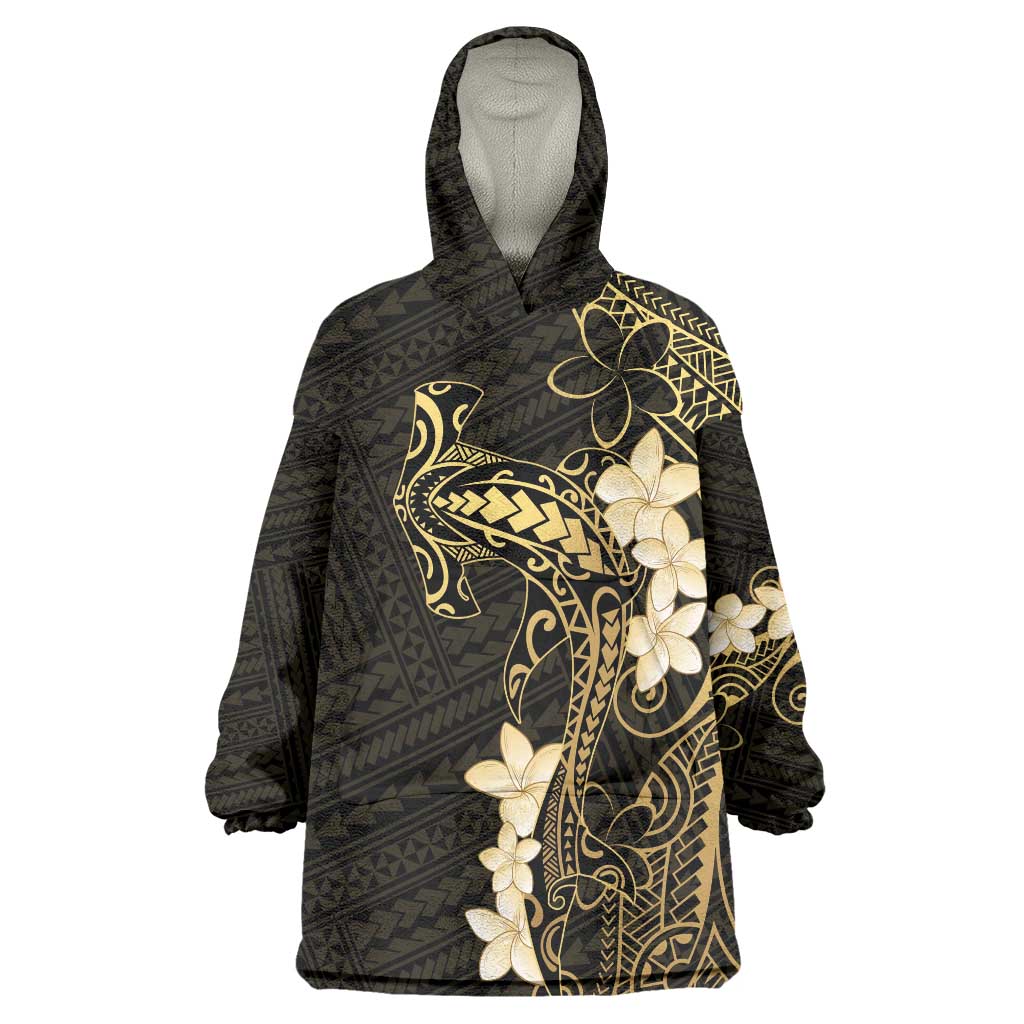 Black and Gold Hawaii Wearable Blanket Hoodie Hammerhead Shark Tattoo Curve Polynesian - Polynesian Pride
