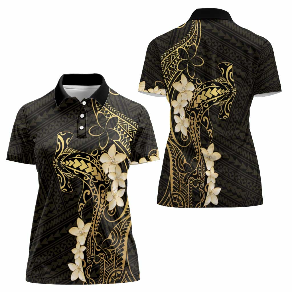 Black and Gold Hawaii Women Polo Shirt Hammerhead Shark Tattoo Curve Polynesian - Polynesian Pride
