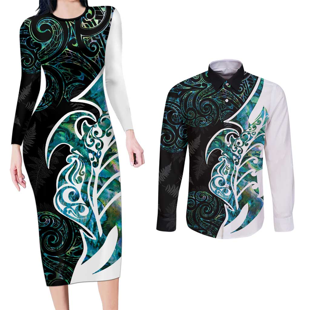 Proud Aotearoa Couples Matching Long Sleeve Bodycon Dress and Long Sleeve Button Shirt Maori Silver Fern Mix Paua Shell Pattern LT14 Black - Polynesian Pride