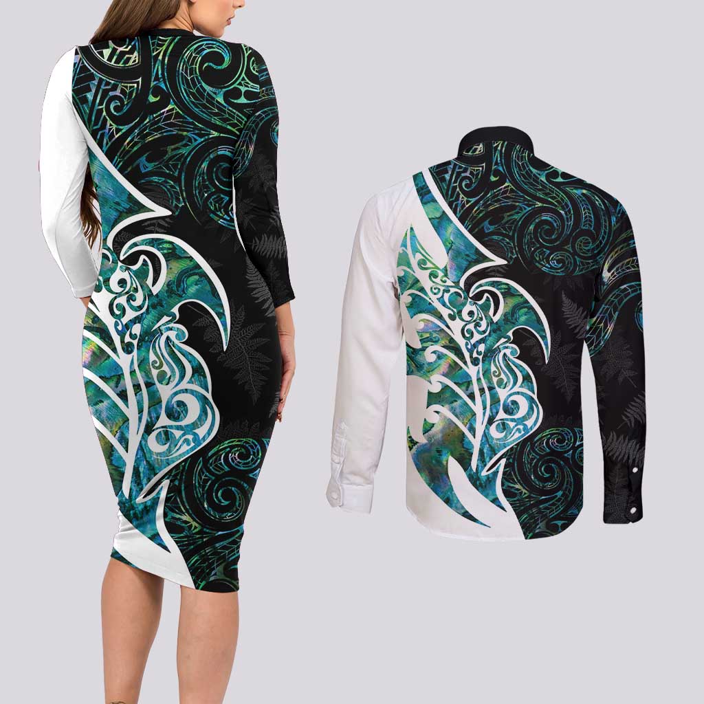 Proud Aotearoa Couples Matching Long Sleeve Bodycon Dress and Long Sleeve Button Shirt Maori Silver Fern Mix Paua Shell Pattern LT14 - Polynesian Pride