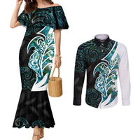 Proud Aotearoa Couples Matching Mermaid Dress and Long Sleeve Button Shirt Maori Silver Fern Mix Paua Shell Pattern LT14 Black - Polynesian Pride