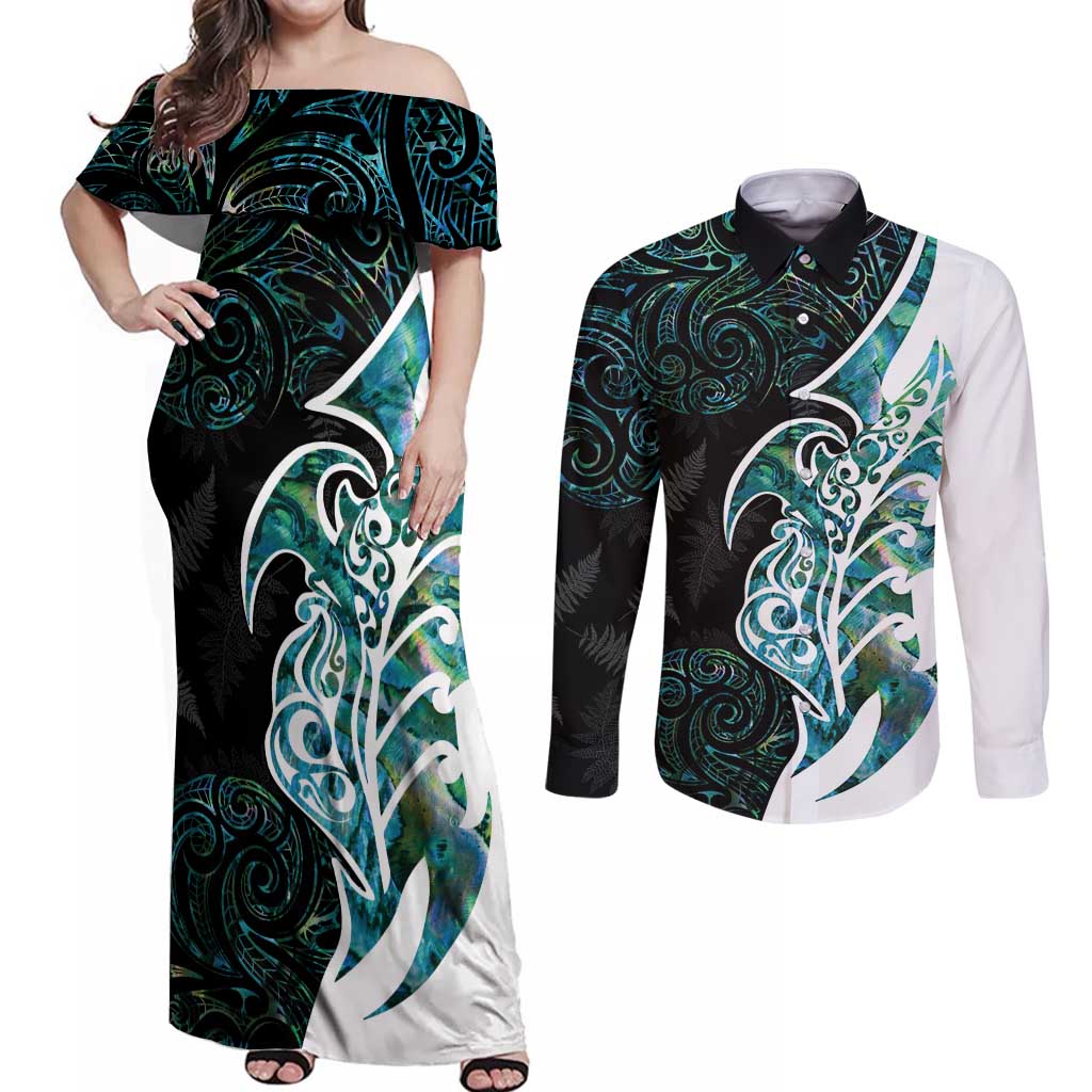 Proud Aotearoa Couples Matching Off Shoulder Maxi Dress and Long Sleeve Button Shirt Maori Silver Fern Mix Paua Shell Pattern LT14 Black - Polynesian Pride