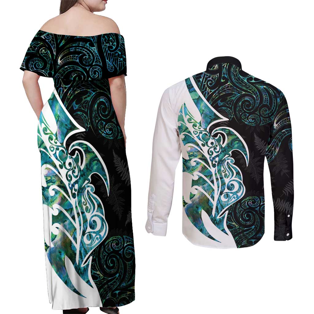 Proud Aotearoa Couples Matching Off Shoulder Maxi Dress and Long Sleeve Button Shirt Maori Silver Fern Mix Paua Shell Pattern LT14 - Polynesian Pride