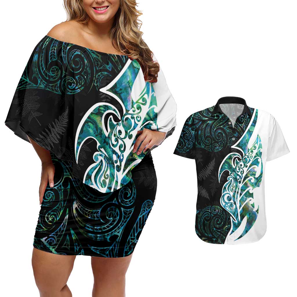 Proud Aotearoa Couples Matching Off Shoulder Short Dress and Hawaiian Shirt Maori Silver Fern Mix Paua Shell Pattern LT14 Black - Polynesian Pride