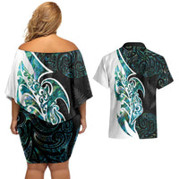 Proud Aotearoa Couples Matching Off Shoulder Short Dress and Hawaiian Shirt Maori Silver Fern Mix Paua Shell Pattern LT14 - Polynesian Pride