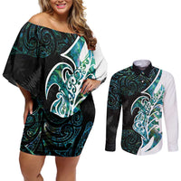 Proud Aotearoa Couples Matching Off Shoulder Short Dress and Long Sleeve Button Shirt Maori Silver Fern Mix Paua Shell Pattern LT14 Black - Polynesian Pride