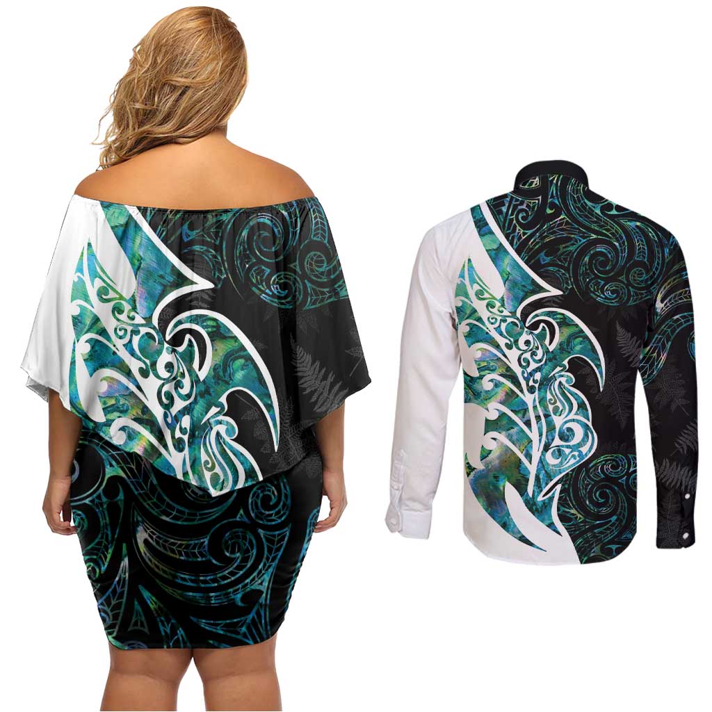 Proud Aotearoa Couples Matching Off Shoulder Short Dress and Long Sleeve Button Shirt Maori Silver Fern Mix Paua Shell Pattern LT14 - Polynesian Pride