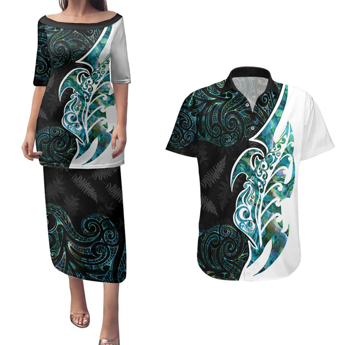 Proud Aotearoa Couples Matching Puletasi and Hawaiian Shirt Maori Silver Fern Mix Paua Shell Pattern LT14 Black - Polynesian Pride
