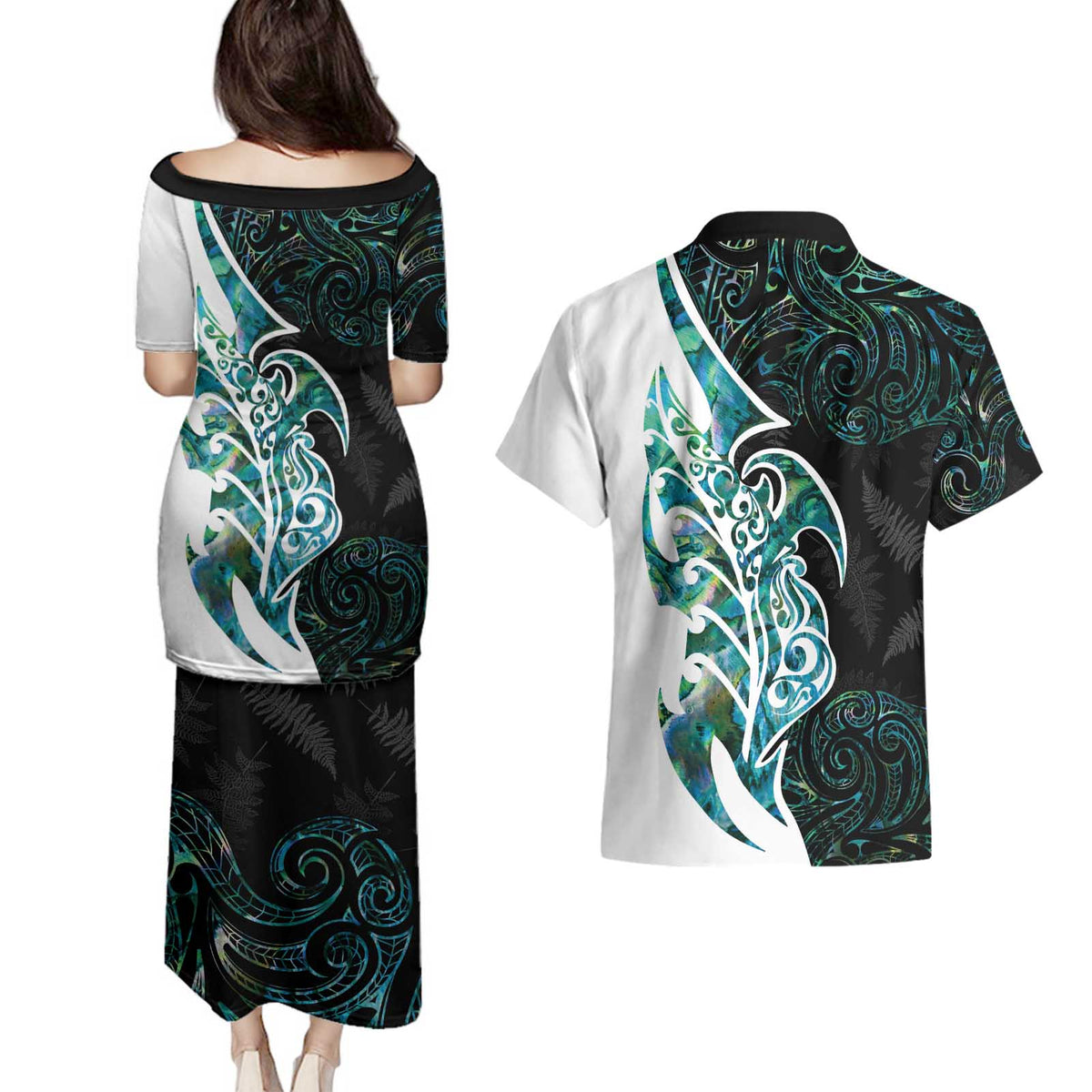 Proud Aotearoa Couples Matching Puletasi and Hawaiian Shirt Maori Silver Fern Mix Paua Shell Pattern LT14 - Polynesian Pride