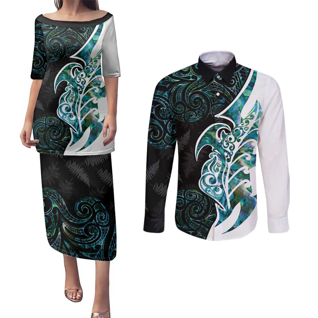 Proud Aotearoa Couples Matching Puletasi and Long Sleeve Button Shirt Maori Silver Fern Mix Paua Shell Pattern LT14 Black - Polynesian Pride