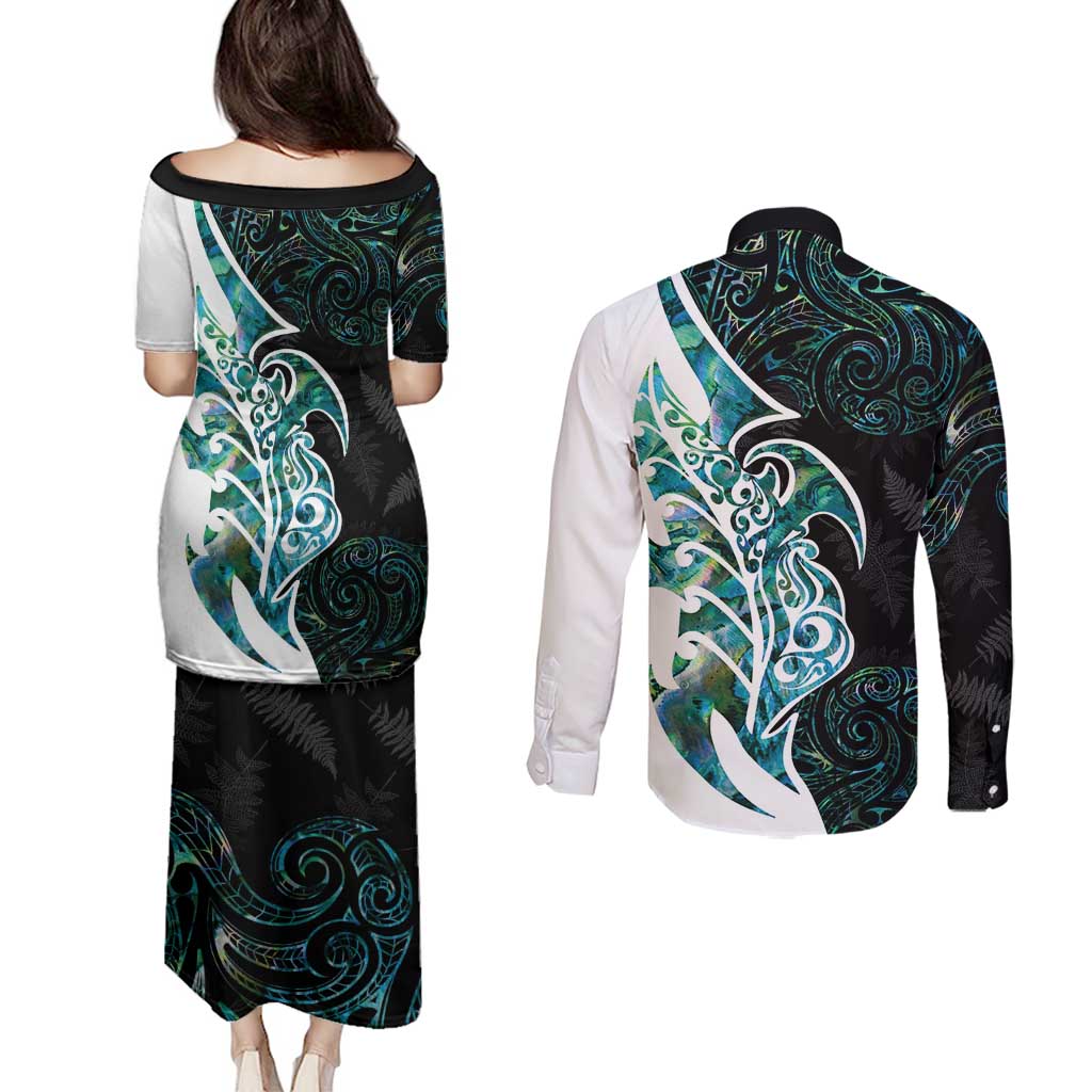 Proud Aotearoa Couples Matching Puletasi and Long Sleeve Button Shirt Maori Silver Fern Mix Paua Shell Pattern LT14 - Polynesian Pride