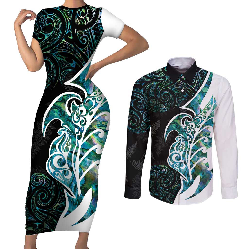 Proud Aotearoa Couples Matching Short Sleeve Bodycon Dress and Long Sleeve Button Shirt Maori Silver Fern Mix Paua Shell Pattern LT14 Black - Polynesian Pride