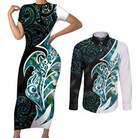 Proud Aotearoa Couples Matching Short Sleeve Bodycon Dress and Long Sleeve Button Shirt Maori Silver Fern Mix Paua Shell Pattern LT14 Black - Polynesian Pride