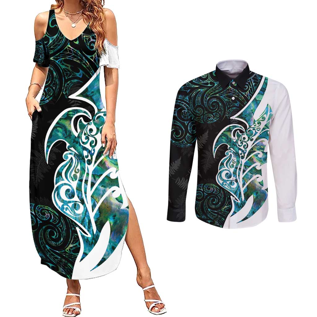 Proud Aotearoa Couples Matching Summer Maxi Dress and Long Sleeve Button Shirt Maori Silver Fern Mix Paua Shell Pattern LT14 Black - Polynesian Pride