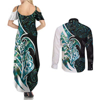 Proud Aotearoa Couples Matching Summer Maxi Dress and Long Sleeve Button Shirt Maori Silver Fern Mix Paua Shell Pattern LT14 - Polynesian Pride