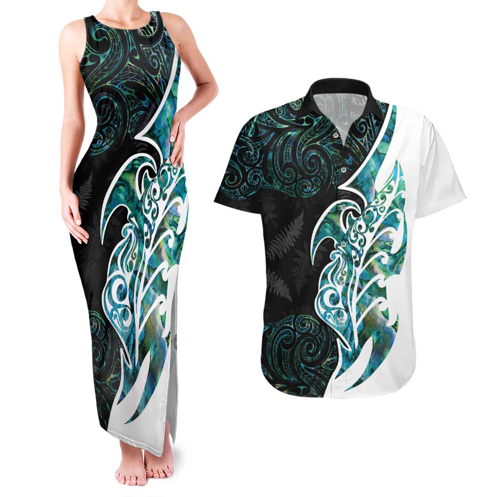 Proud Aotearoa Couples Matching Tank Maxi Dress and Hawaiian Shirt Maori Silver Fern Mix Paua Shell Pattern LT14 Black - Polynesian Pride