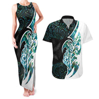 Proud Aotearoa Couples Matching Tank Maxi Dress and Hawaiian Shirt Maori Silver Fern Mix Paua Shell Pattern LT14 Black - Polynesian Pride
