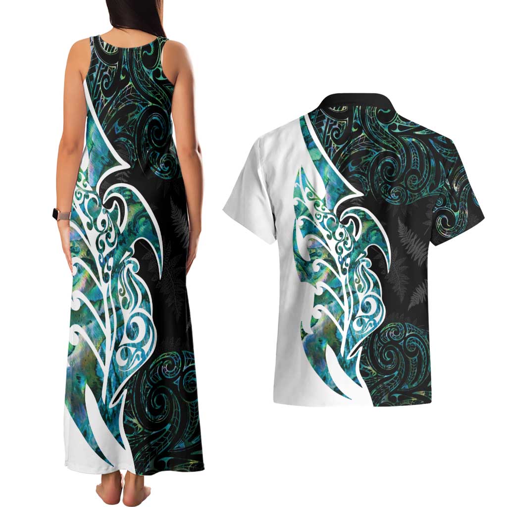 Proud Aotearoa Couples Matching Tank Maxi Dress and Hawaiian Shirt Maori Silver Fern Mix Paua Shell Pattern LT14 - Polynesian Pride