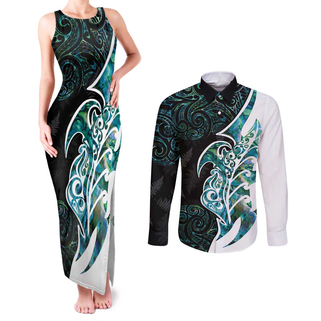 Proud Aotearoa Couples Matching Tank Maxi Dress and Long Sleeve Button Shirt Maori Silver Fern Mix Paua Shell Pattern LT14 Black - Polynesian Pride