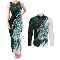 Proud Aotearoa Couples Matching Tank Maxi Dress and Long Sleeve Button Shirt Maori Silver Fern Mix Paua Shell Pattern LT14 Black - Polynesian Pride