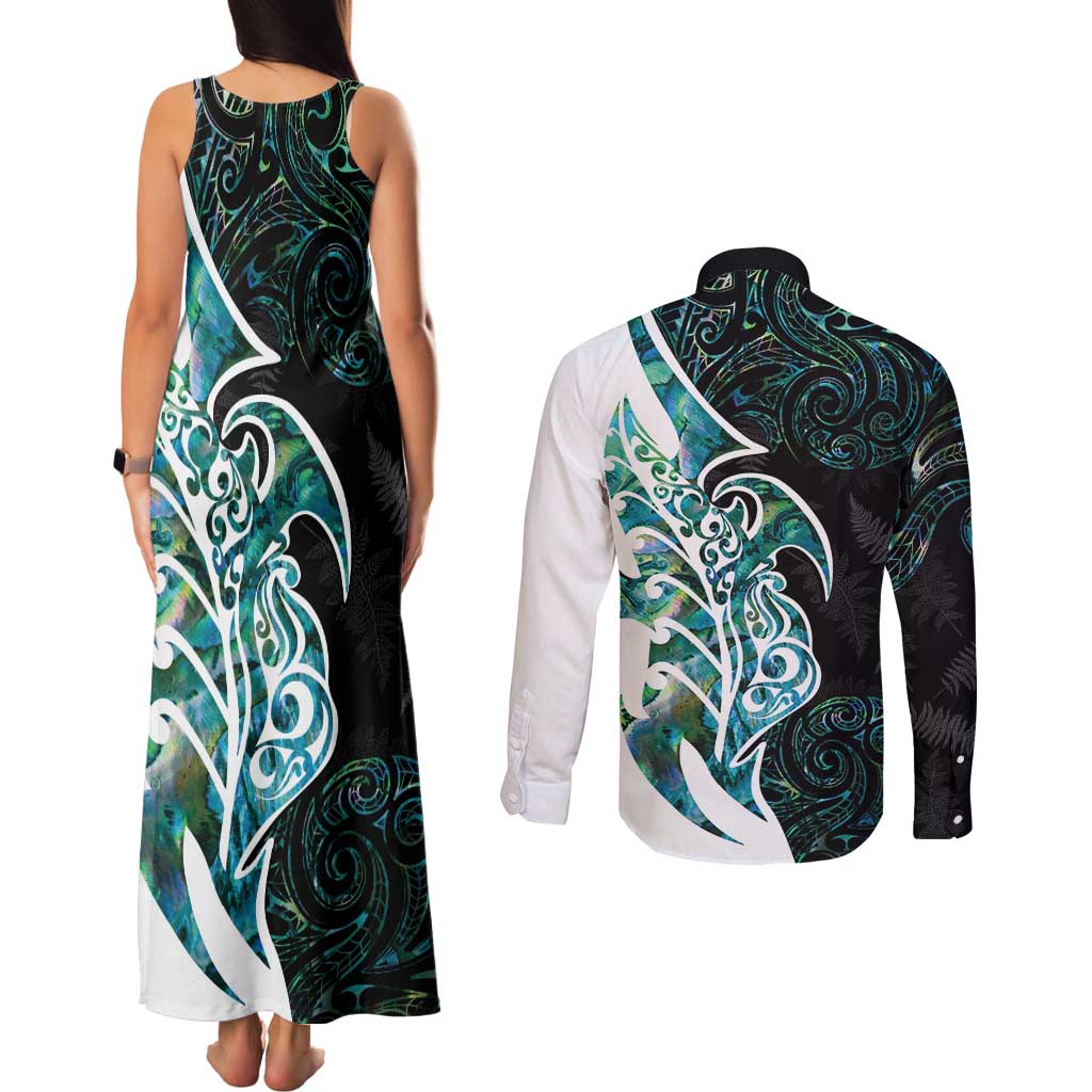 Proud Aotearoa Couples Matching Tank Maxi Dress and Long Sleeve Button Shirt Maori Silver Fern Mix Paua Shell Pattern LT14 - Polynesian Pride