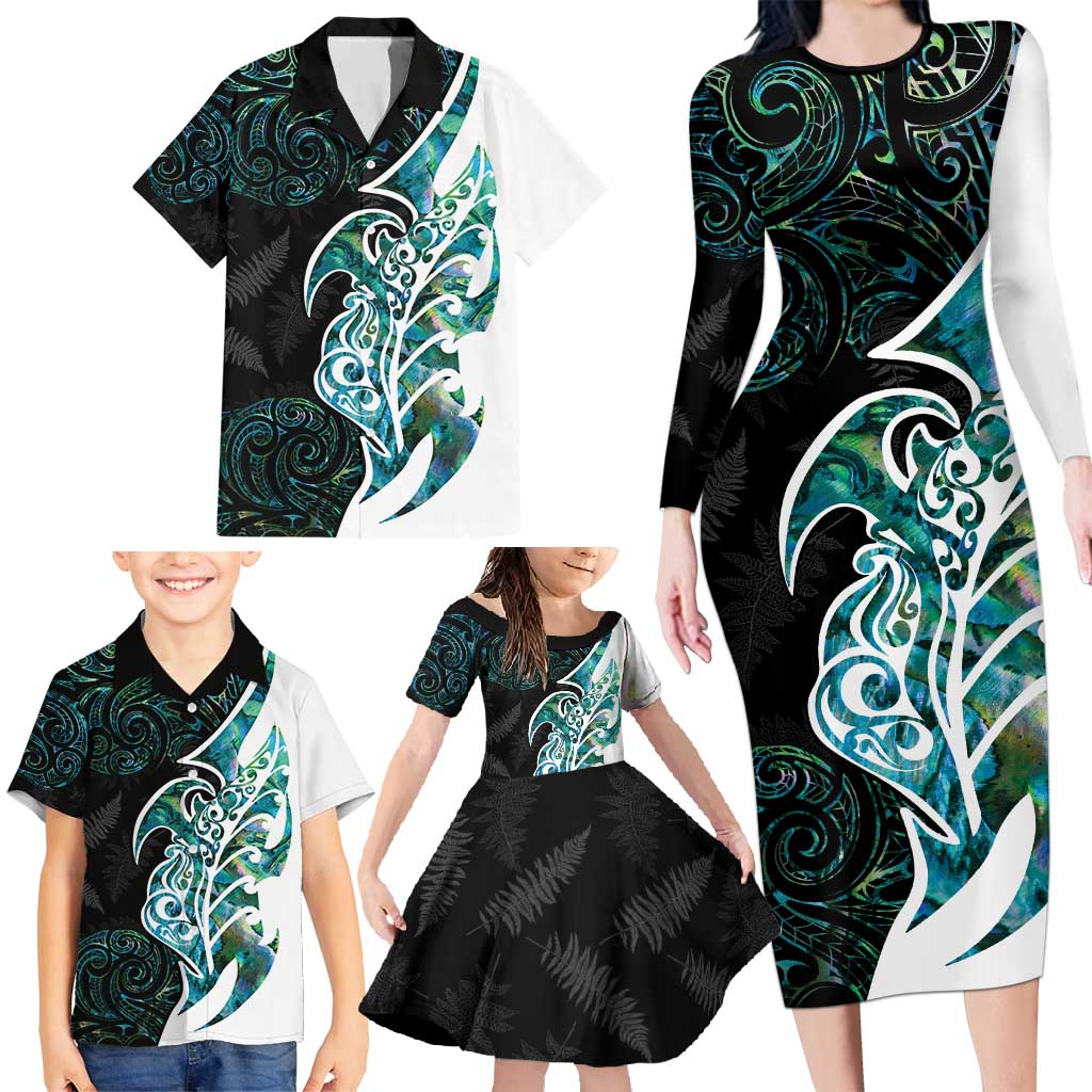 Proud Aotearoa Family Matching Long Sleeve Bodycon Dress and Hawaiian Shirt Maori Silver Fern Mix Paua Shell Pattern