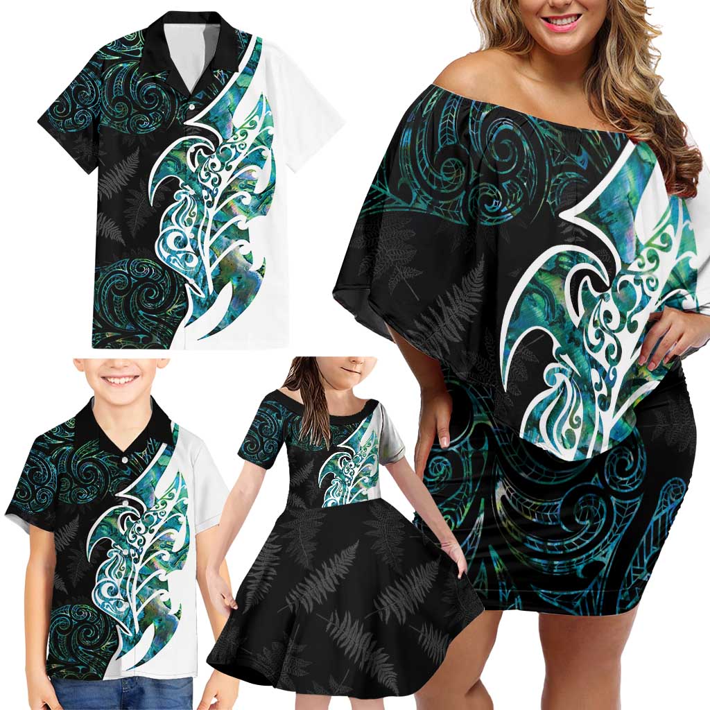 Proud Aotearoa Family Matching Off Shoulder Short Dress and Hawaiian Shirt Maori Silver Fern Mix Paua Shell Pattern