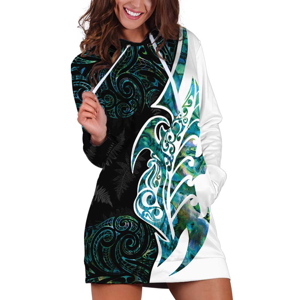 Proud Aotearoa Hoodie Dress Maori Silver Fern Mix Paua Shell Pattern LT14 Black - Polynesian Pride