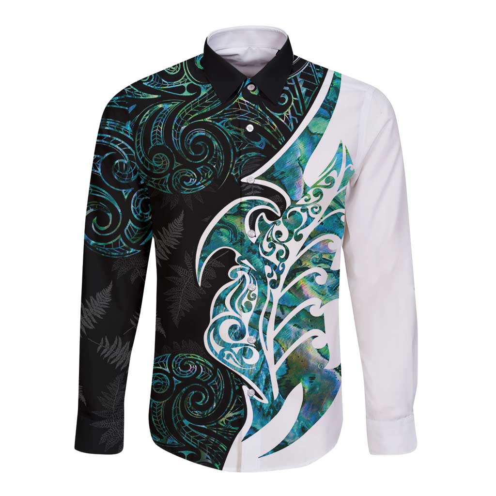 Proud Aotearoa Long Sleeve Button Shirt Maori Silver Fern Mix Paua Shell Pattern