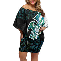 Proud Aotearoa Off Shoulder Short Dress Maori Silver Fern Mix Paua Shell Pattern LT14 Women Black - Polynesian Pride