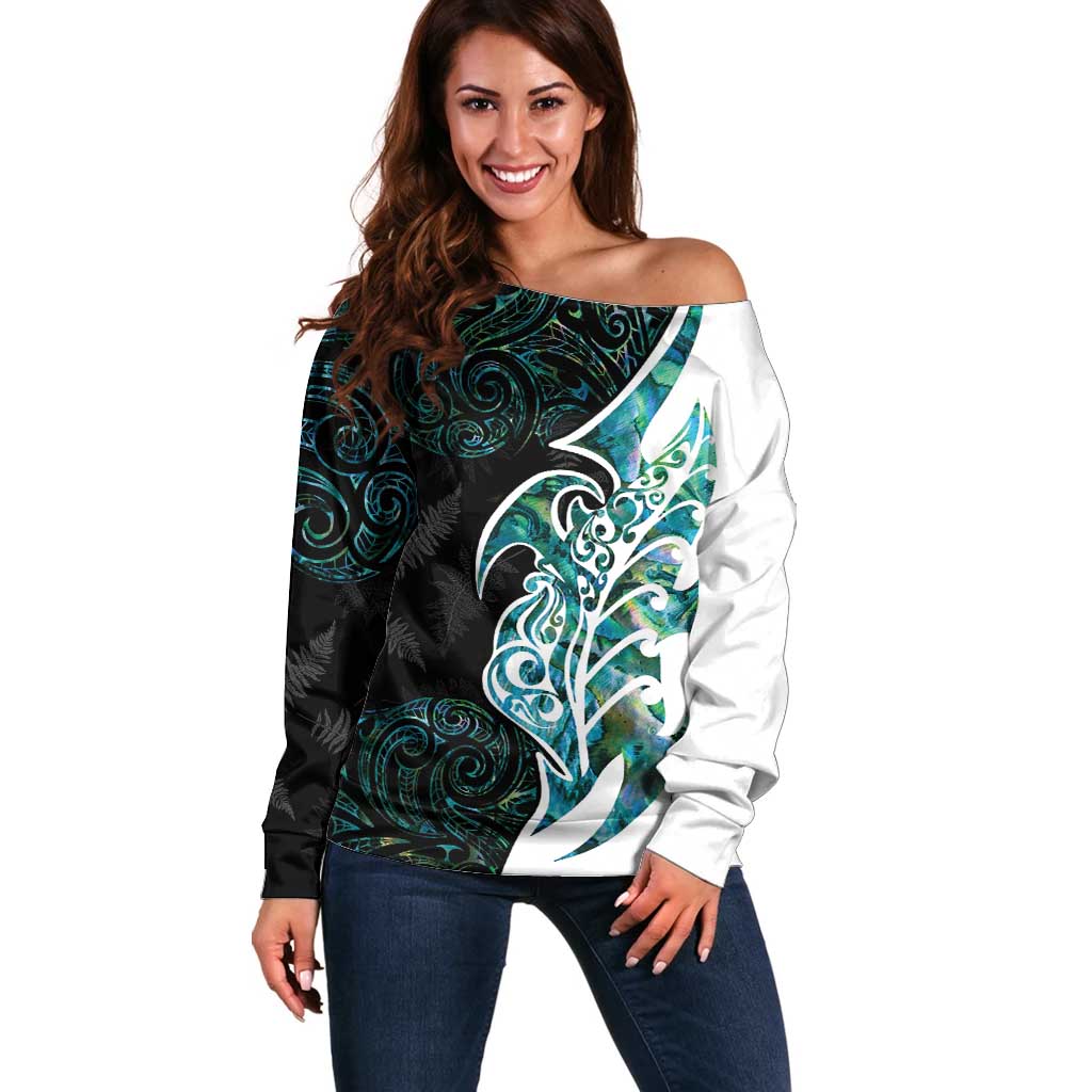 Proud Aotearoa Off Shoulder Sweater Maori Silver Fern Mix Paua Shell Pattern