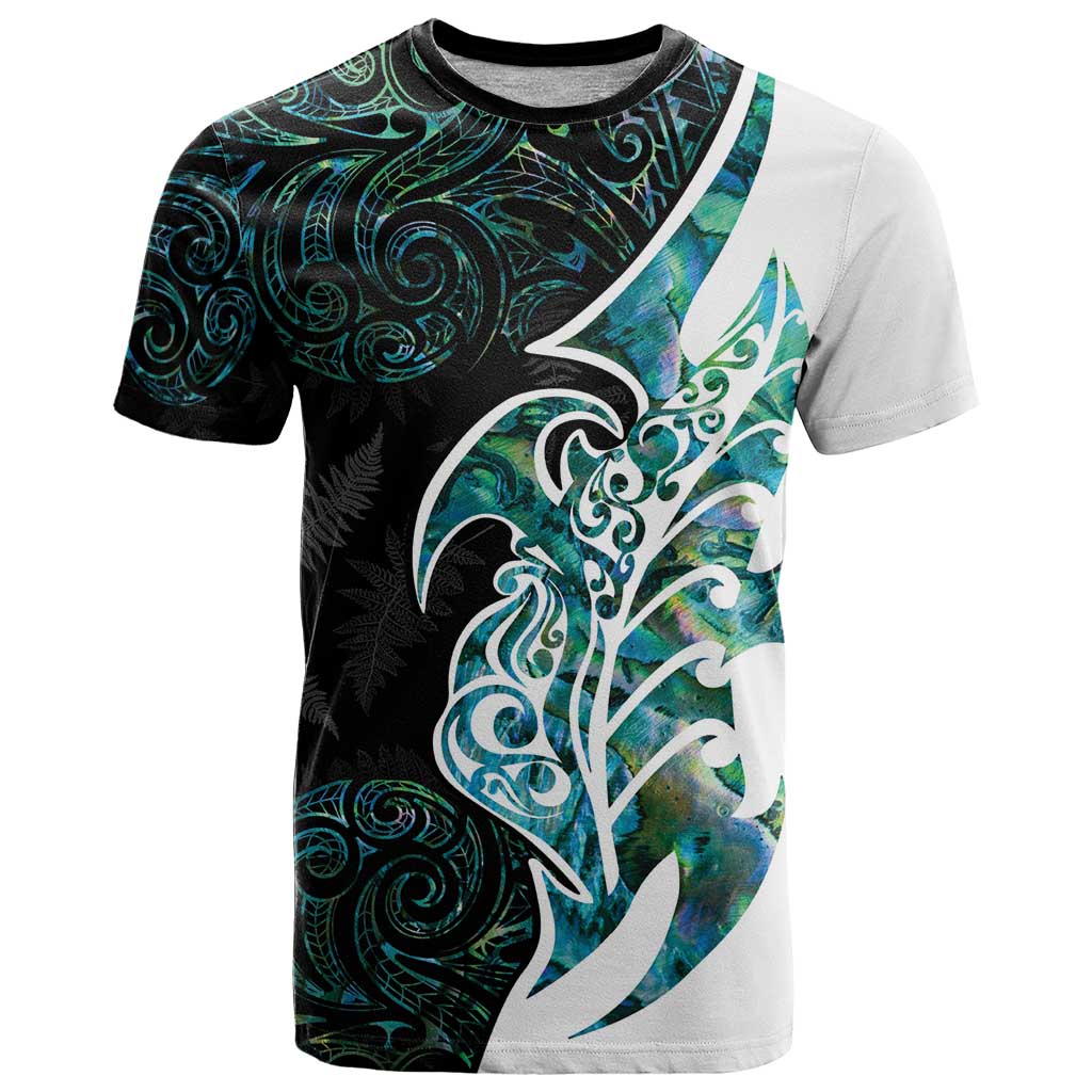 Proud Aotearoa T Shirt Maori Silver Fern Mix Paua Shell Pattern LT14 Black - Polynesian Pride