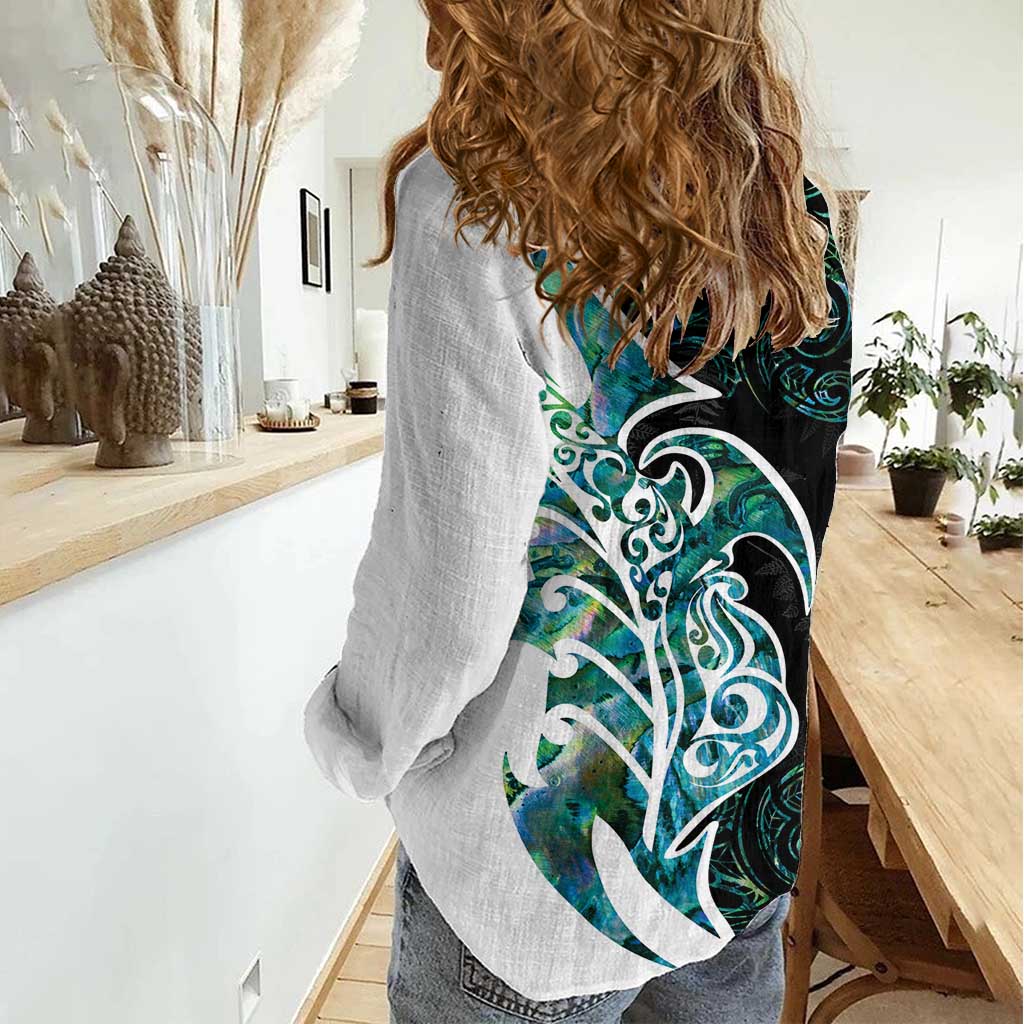 Proud Aotearoa Women Casual Shirt Maori Silver Fern Mix Paua Shell Pattern