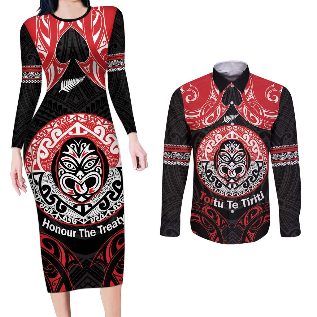 Aotearoa Toitu Te Tiriti Couples Matching Long Sleeve Bodycon Dress and Long Sleeve Button Shirt Haka Tiki Honour The Treaty LT14 Black - Polynesian Pride