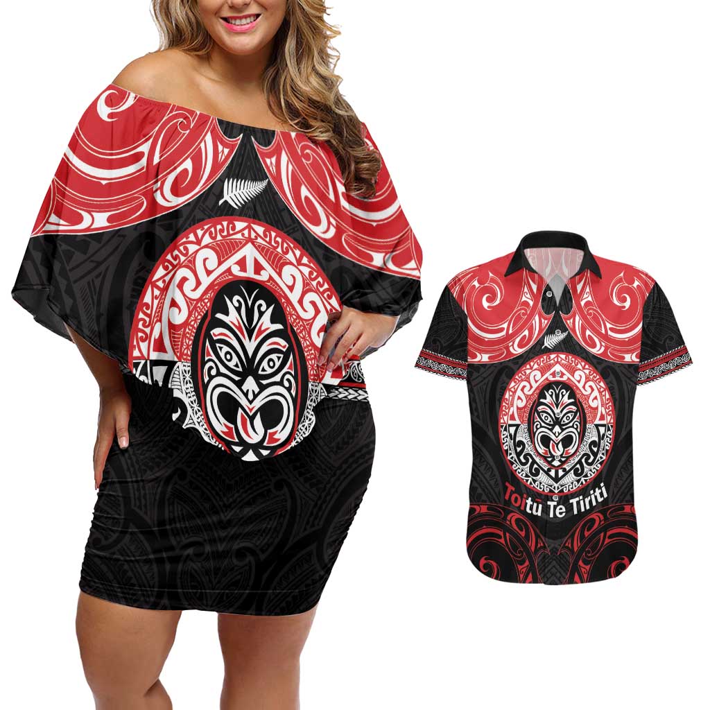 Aotearoa Toitu Te Tiriti Couples Matching Off Shoulder Short Dress and Hawaiian Shirt Haka Tiki Honour The Treaty LT14 Black - Polynesian Pride