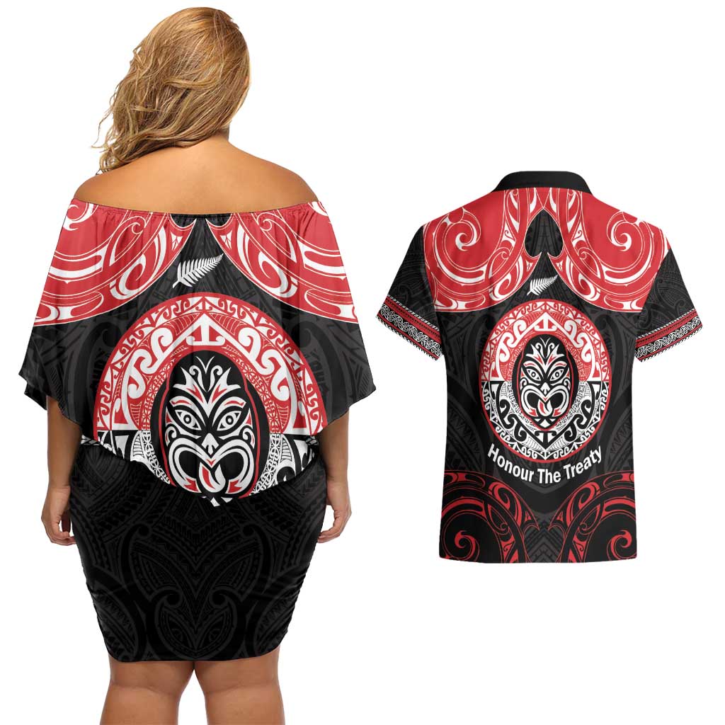 Aotearoa Toitu Te Tiriti Couples Matching Off Shoulder Short Dress and Hawaiian Shirt Haka Tiki Honour The Treaty