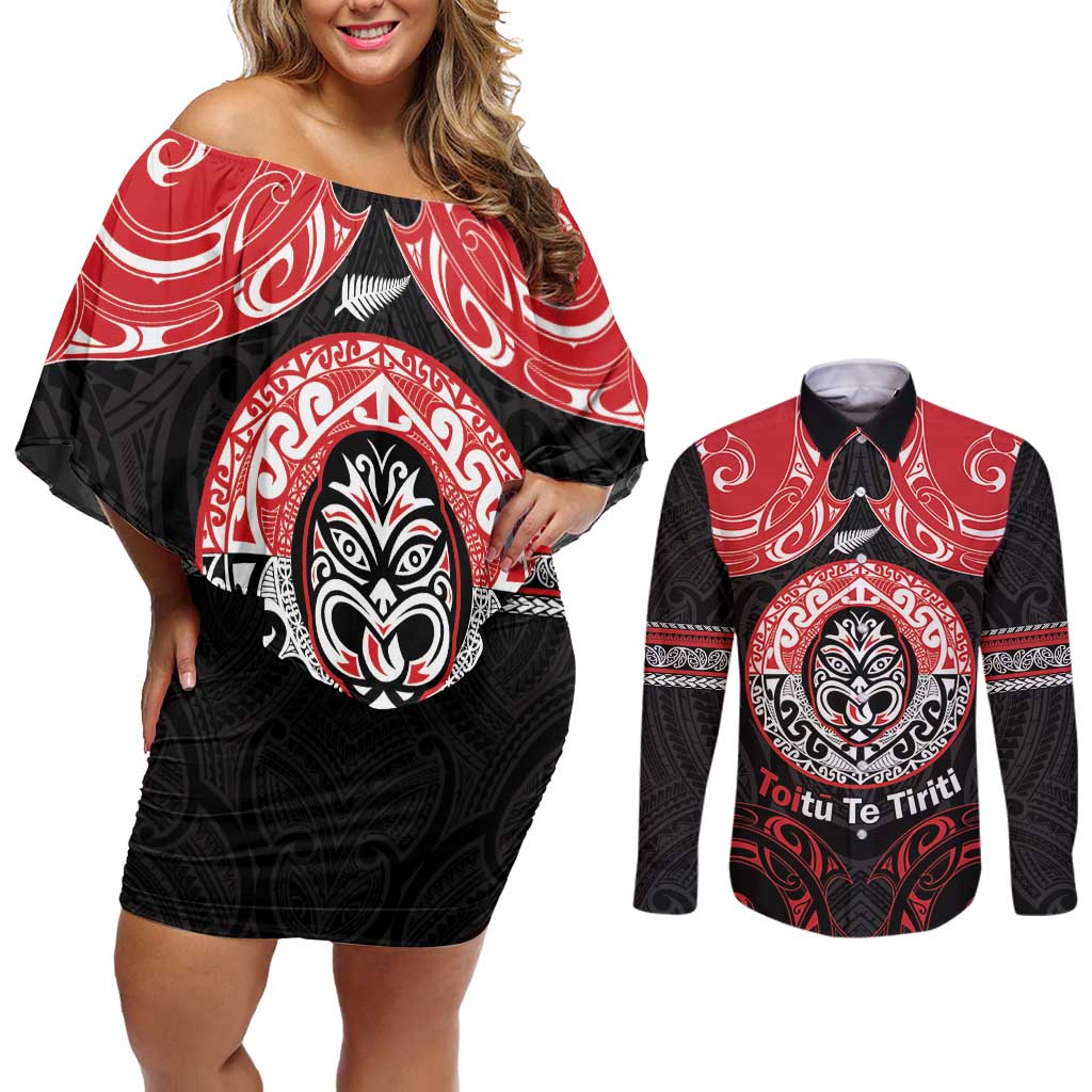 Aotearoa Toitu Te Tiriti Couples Matching Off Shoulder Short Dress and Long Sleeve Button Shirt Haka Tiki Honour The Treaty LT14 Black - Polynesian Pride