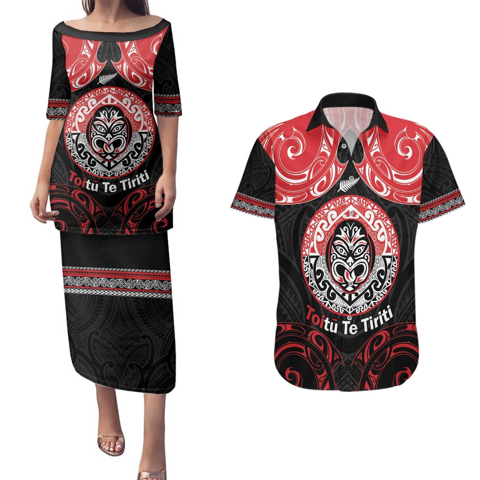 Aotearoa Toitu Te Tiriti Couples Matching Puletasi and Hawaiian Shirt Haka Tiki Honour The Treaty LT14 Black - Polynesian Pride