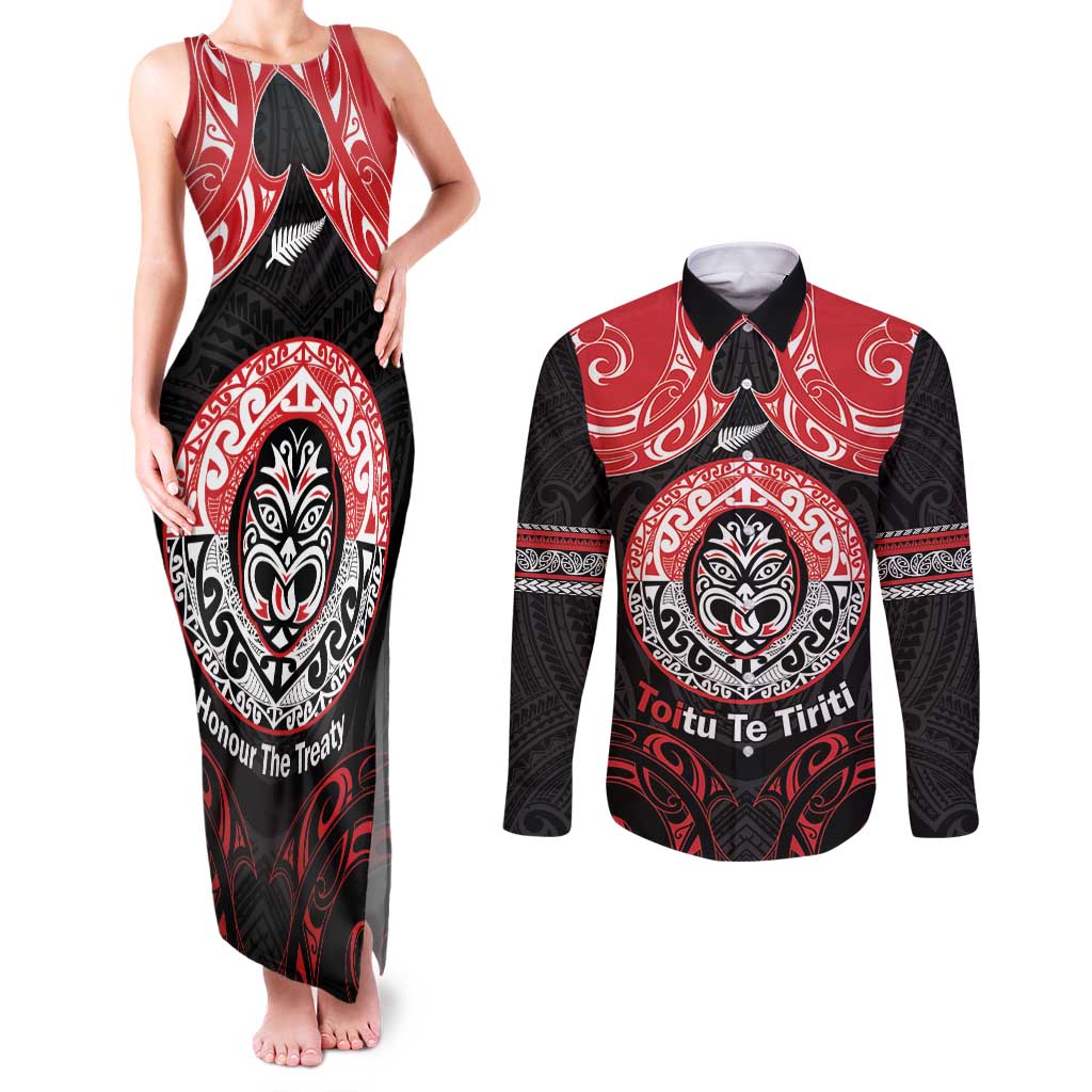 Aotearoa Toitu Te Tiriti Couples Matching Tank Maxi Dress and Long Sleeve Button Shirt Haka Tiki Honour The Treaty LT14 Black - Polynesian Pride
