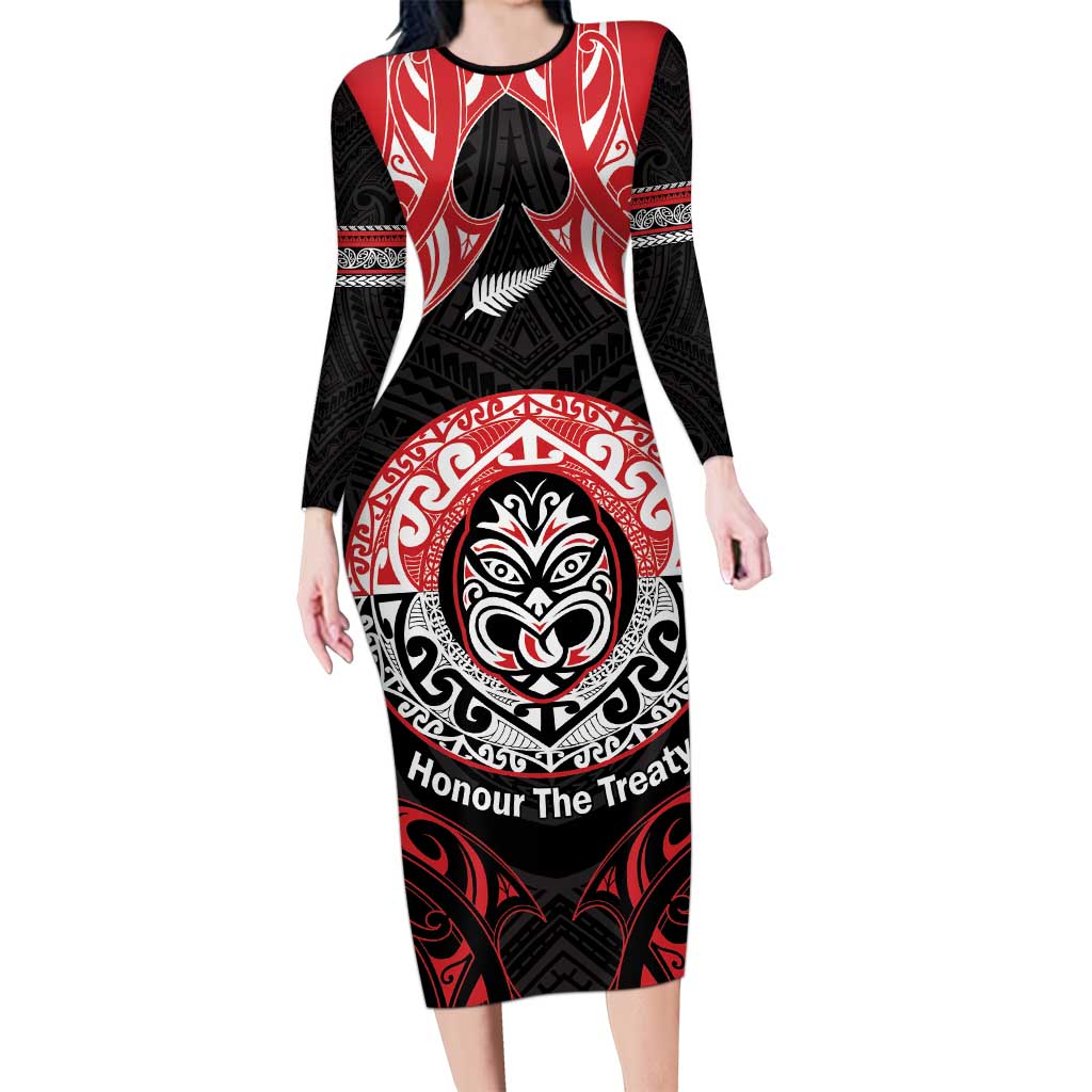 Aotearoa Toitu Te Tiriti Long Sleeve Bodycon Dress Haka Tiki Honour The Treaty