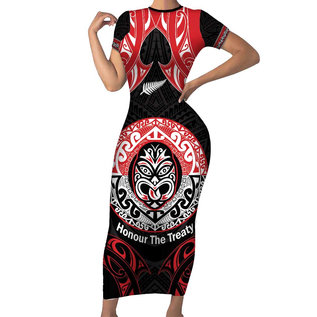 Aotearoa Toitu Te Tiriti Short Sleeve Bodycon Dress Haka Tiki Honour The Treaty