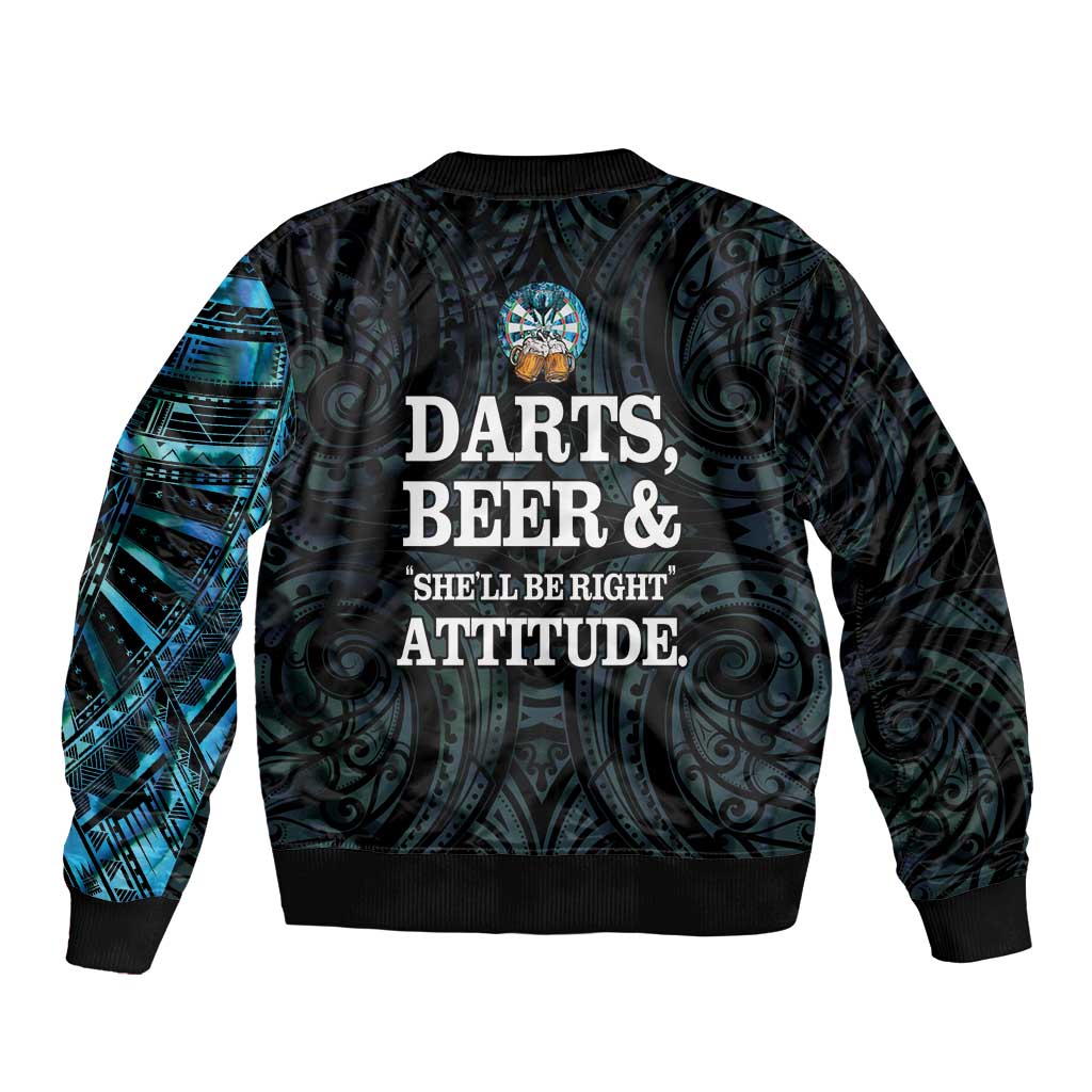 Personalized New Zealand Darts Beer Bomber Jacket Paua Shell Aotearoa Maori Tattoo - Polynesian Pride
