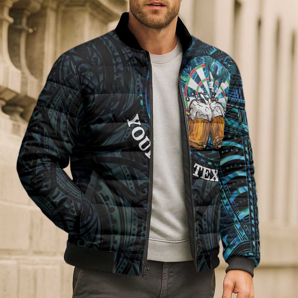 Personalized New Zealand Darts Beer Bomber Puffer Jacket Paua Shell Aotearoa Maori Tattoo - Polynesian Pride