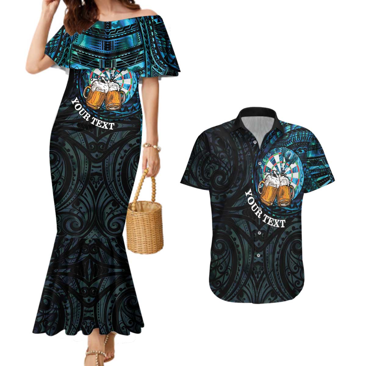 Personalized New Zealand Darts Beer Couples Matching Mermaid Dress and Hawaiian Shirt Paua Shell Aotearoa Maori Tattoo - Polynesian Pride