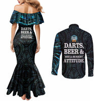 Personalized New Zealand Darts Beer Couples Matching Mermaid Dress and Long Sleeve Button Shirt Paua Shell Aotearoa Maori Tattoo - Polynesian Pride