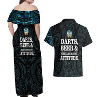 Personalized New Zealand Darts Beer Couples Matching Off Shoulder Maxi Dress and Hawaiian Shirt Paua Shell Aotearoa Maori Tattoo - Polynesian Pride