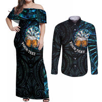 Personalized New Zealand Darts Beer Couples Matching Off Shoulder Maxi Dress and Long Sleeve Button Shirt Paua Shell Aotearoa Maori Tattoo - Polynesian Pride