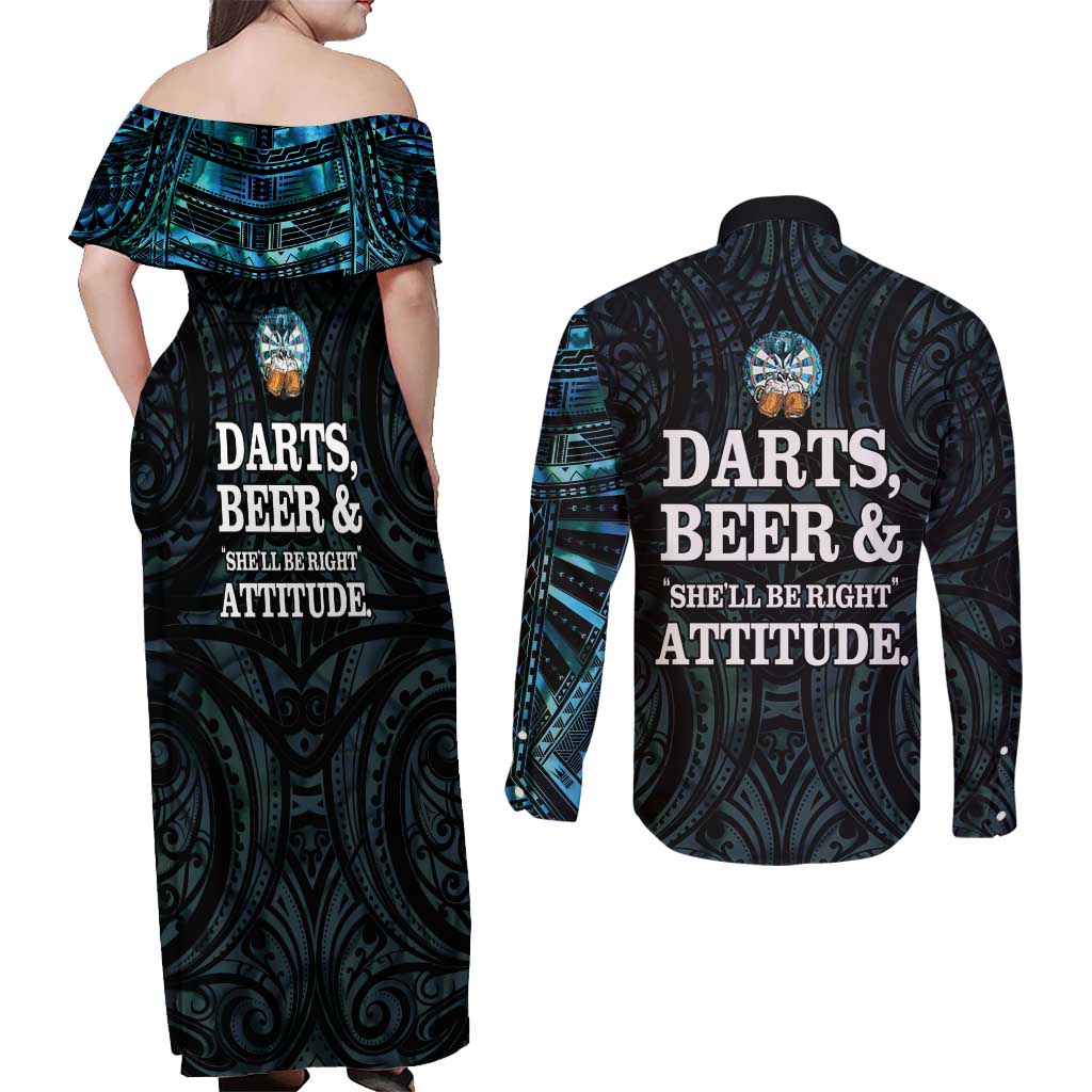 Personalized New Zealand Darts Beer Couples Matching Off Shoulder Maxi Dress and Long Sleeve Button Shirt Paua Shell Aotearoa Maori Tattoo - Polynesian Pride